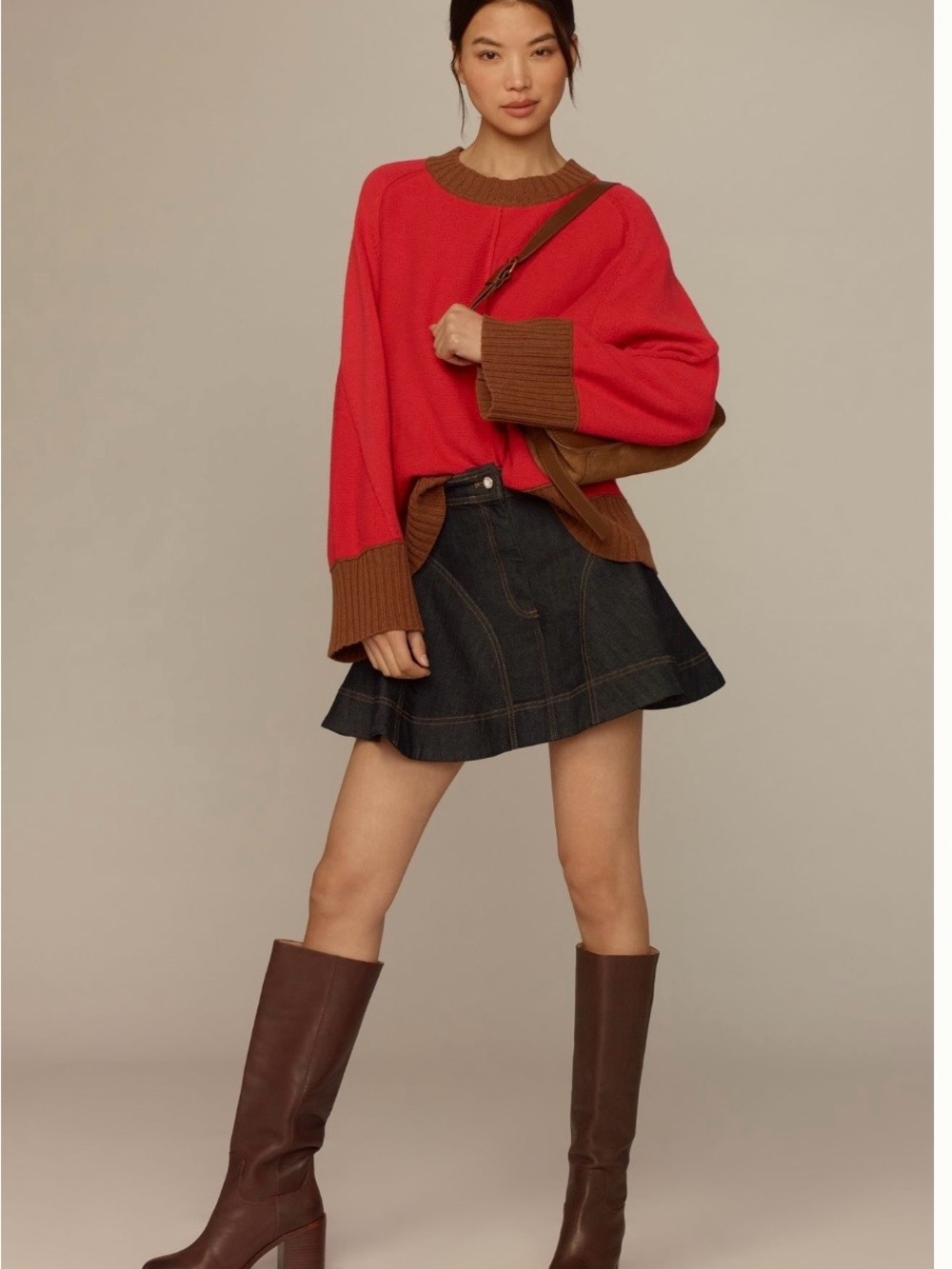 Red & Brown Contrast Ribbed-Trim Sweater - Women